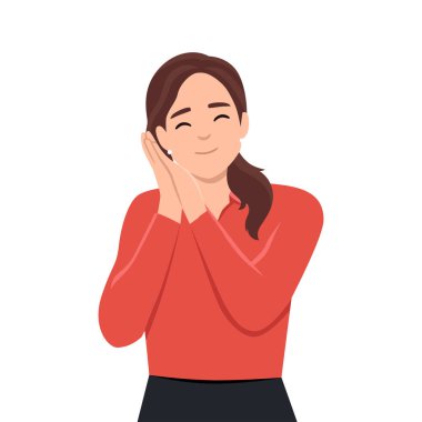 Ayakta duran ve uyuyan bir kadın gözleri kapalı rüya görüyor. Uyuyormuş gibi yapan ve jest yapan kadınlar. Uykulu yorgun kadın yorgun düşerek uyuyor. Düz vektör çizimi beyaz arkaplanda izole edildi