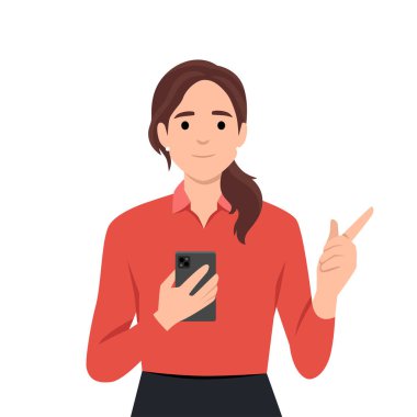 Gülümseyen genç kadın cep telefonunu ekranda tut. Elinde akıllı telefon olan mutlu kız kameraya parmağını dayayıp seçim yapıyor. Düz vektör çizimi beyaz arkaplanda izole edildi