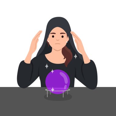 Falcı kadın sihirli kristal kürede geleceği okuyor. Çingene kahini. Düz vektör çizimi beyaz arkaplanda izole edildi