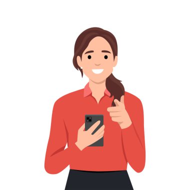 Akıllı telefonu tutan genç bir kadın ve senin de katılmanı isterken ileri doğru işaret ediyor. Düz vektör çizimi beyaz arkaplanda izole edildi