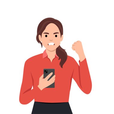Kızgın iş kadını akıllı telefondan konuşuyor, bağırıyor, bağırıyor ve yumruk hareketi yapıyor. Teknoloji. Düz vektör çizimi beyaz arkaplanda izole edildi