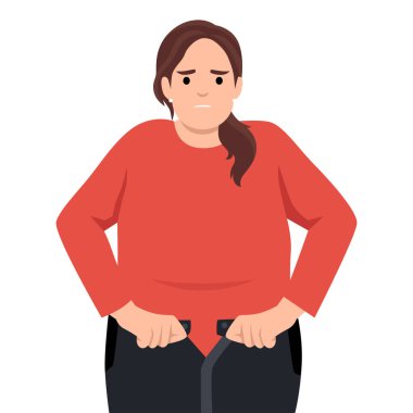 Mutsuz aşırı kilolu kadın kot giyemiyor, formda kalmak için kilo vermesi gerekiyor. Şişman kadın aşırı vücut ağırlığından muzdarip. Diyet, sağlıklı yaşam tarzı konsepti. Düz vektör çizimi beyaz arkaplanda izole edildi