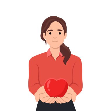 Kalbi olan genç bir kadın. Genç bir kadın aşkını sunuyor. Aşkı, şefkati ve barışı simgeliyor. Düz vektör çizimi beyaz arkaplanda izole edildi