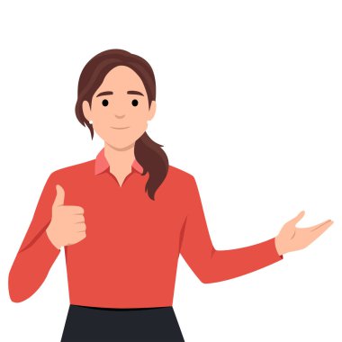 Genç bir kadın baş parmağıyla bir jest yapıyor. Düz vektör çizimi beyaz arkaplanda izole edildi