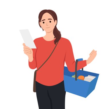 Kadın süpermarkette bir market arabası dolusu erzak taşıyor. Şirin bir bayan, alışveriş arabasıyla yemek alan ve kontrol eden bir kız. Düz vektör çizimi beyaz arkaplanda izole edildi