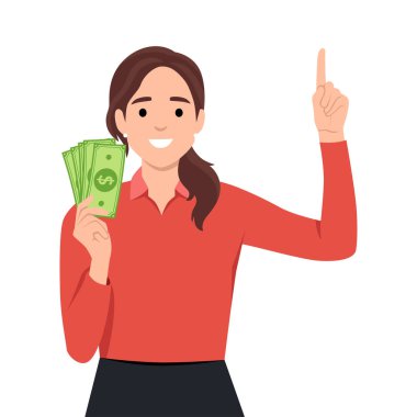Genç bir kadın, ya da para, para ya da para gösteren, dolar işareti ve işaret parmağı olan bir kadın. Modern yaşam tarzı, iş ve finans kavramı. Düz vektör çizimi beyaz arkaplanda izole edildi