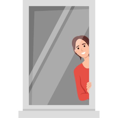 Pencerenin dışında bir şeye bakan genç bir kadın. Odasından dikizliyordu. Düz vektör çizimi beyaz arkaplanda izole edildi