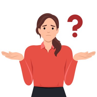 Soru ikilemi sorununun basit düz vektör çizimi, beyaz karikatür kadın karakterine izole edilmiş, çözümleme işi analiz işareti. Düz vektör çizimi beyaz arkaplanda izole edildi