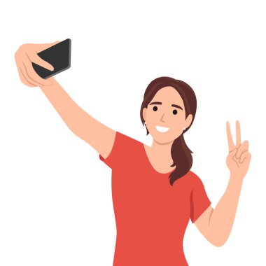 Genç ve güzel bir kadın cep telefonu düz çizgi film çizimi ile fotoğraf çekiyor. Moda kıyafetli kız Salfie Pankart Tasarımı yapıyor. Düz vektör çizimi beyaz arkaplanda izole edildi