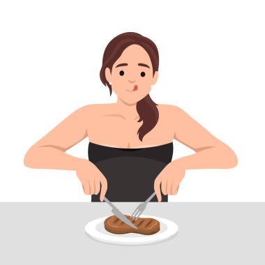Genç bayan yemek için hazır olduğu gibi bıçak ve çatal taşıyan tabakta biftek yemekten hoşlanır. Düz vektör çizimi beyaz arkaplanda izole edildi