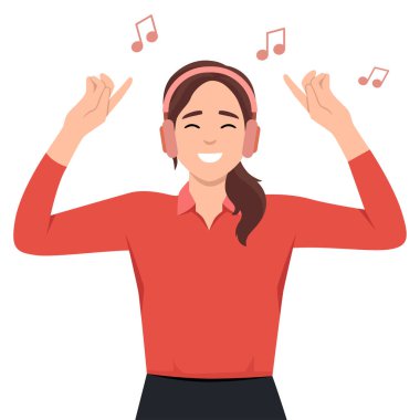 Güzel esmer kadın kulaklık ya da kulaklıkla müzik dinliyor. Düz vektör çizimi beyaz arkaplanda izole edildi