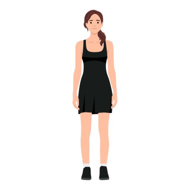 Düz pozlar, kırmızı elbiseli ve ayakkabılı genç kadın karakteri. Buluşma kıyafetleriyle izole edilmiş bir siluet kız. Düz vektör çizimi beyaz arkaplanda izole edildi