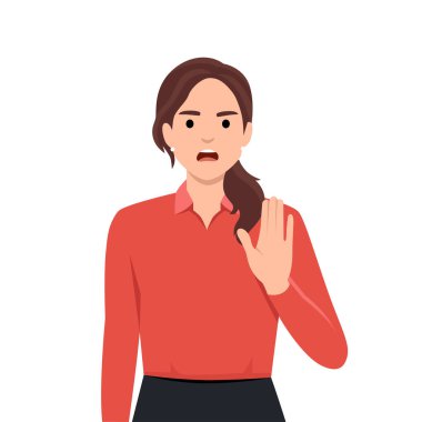 İş kadını reddettiğini ifade ediyor. Kadın jesti kes diyor. Kız itiraz ve anlaşmazlık gösteriyor. Vücut dili ve sözsüz iletişim. Düz vektör çizimi beyaz arkaplanda izole edildi