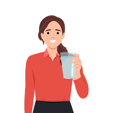 Bir kadın elinde bir bardak su tutuyor. Su dengesi ve sağlık kavramı. Düz vektör çizimi beyaz arkaplanda izole edildi