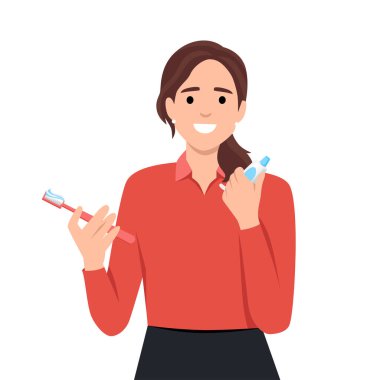 Düz tasarımla banyoda dişlerini fırçalayan bir kadın. Diş çürümesini önlemek için dişleri temizleyen bir kadın. Diş fırçası ve diş macunu ile diş hijyeni. Düz vektör çizimi beyaz arkaplanda izole edildi