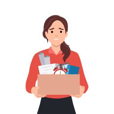 Gözlüklü, sıkıntılı bir kadın. Ofisten çıkarılmış kişisel eşyaları var. Mutsuz kadın çalışan şirketten atıldı. Kovma ve kovma. Düz vektör çizimi beyaz arkaplanda izole edildi