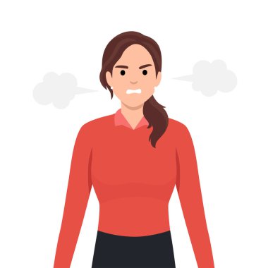 Kulaklarından buhar fışkıran genç ve kızgın bir kadın. Düz vektör çizimi beyaz arkaplanda izole edildi