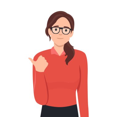 Vektör konsepti illüstrasyon İş kadını başparmağıyla üst köşeyi gösteriyor ve işaret ediyor, mutlu ifade tavsiyeleri bu kopya alanını kullanıyor. Fctor illüstrasyonu beyaz arkaplanda izole edildi