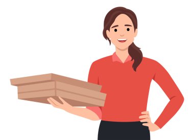 Bir yığın pizza kutusuyla alelacele partiye giden güzel bir kız. Düz vektör çizimi beyaz arkaplanda izole edildi