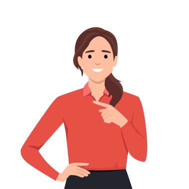 Genç ve güzel esmer iş kadını gülümseyerek yan tarafı işaret ediyor. Düz vektör çizimi beyaz arkaplanda izole edildi