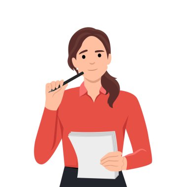 Şirin kadın not defterine bazı notlar yazıyor. Genç öğrenci kız elinde kalemle düşünceli. Düz vektör çizimi beyaz arkaplanda izole edildi