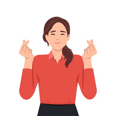 Gülümseyen kadın kalp şeklinde iki parmağını çapraz yapar, bir işaret sevgiyi ifade eder. Kore kalp hareketi. Aşk ve mutluluk kavramı. Düz vektör çizimi beyaz arkaplanda izole edildi