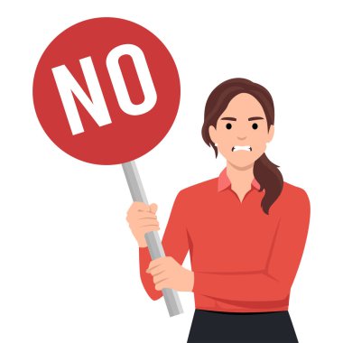 Üzerinde yazı olmayan bir tahtayı tutarken kaşlarını çatan bir kadın. Düz vektör çizimi beyaz arkaplanda izole edildi