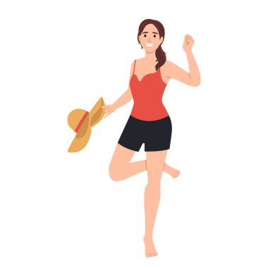 Bikinili Kadın, Uzun Bacaklı Seksi Kızlar Mutlu Gülümseyen Şapka Giyiyor. Düz vektör çizimi beyaz arkaplanda izole edildi