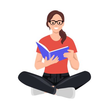 Genç bir kadın kitap okuyor, bacak bacak üstüne atıyor. Boş zaman ve eğitim konsepti. Kitap festivali konsepti, adil, okumak. Düz vektör çizimi beyaz arkaplanda izole edildi