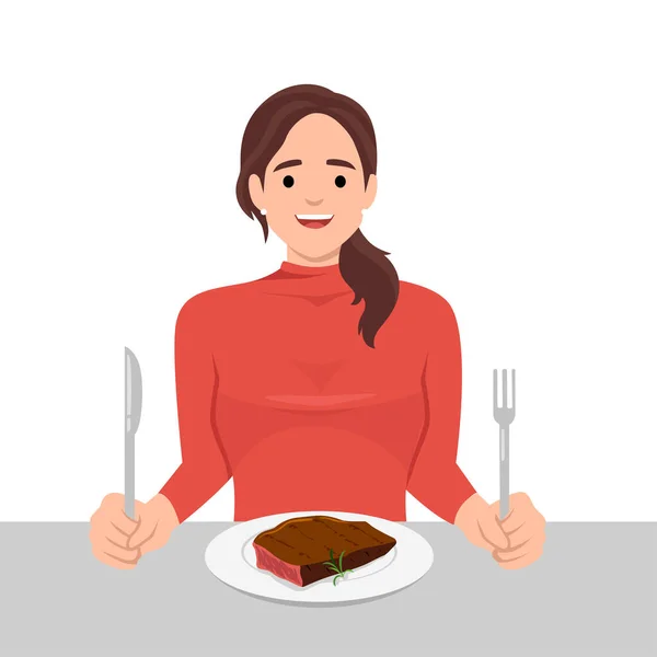 Jeune Femme Aime Manger Steak Dans Plat Tenant Couteau Fourchette — Image vectorielle