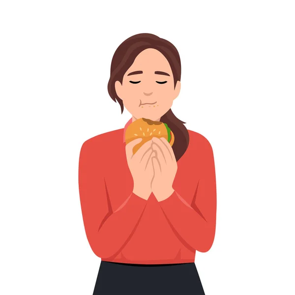 Belle Femme Aux Yeux Fermés Mange Cheeseburger Nourriture Rapide Illustration — Image vectorielle