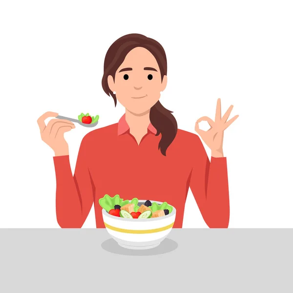 Young Woman Eating Salads Diet Food Life Healthy Foods Benefits — Stock Vector