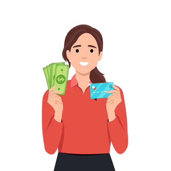 Young Woman Woman Holding Credit Card One Hand Cash Other — Stock Vector