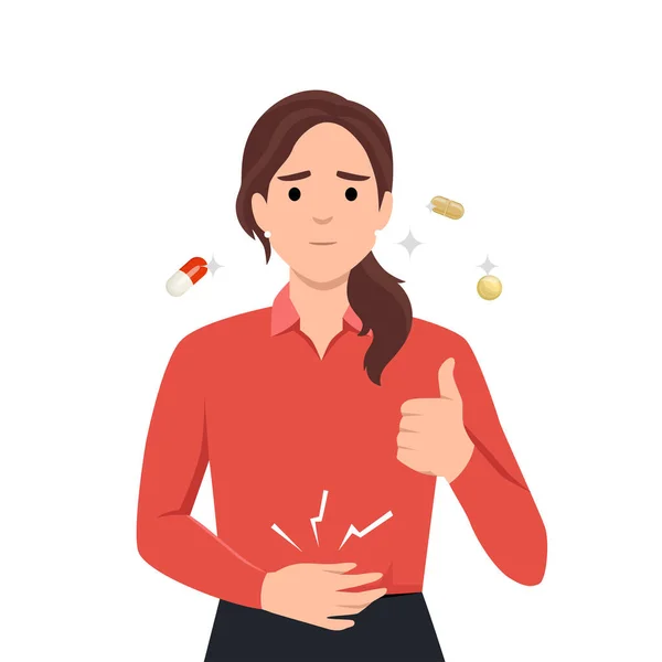 stock vector Unhealthy woman suffer from stomachache and feel better after pill. Girl taking medication from belly pain. Medicine and pharmacology. Flat vector illustration isolated on white background