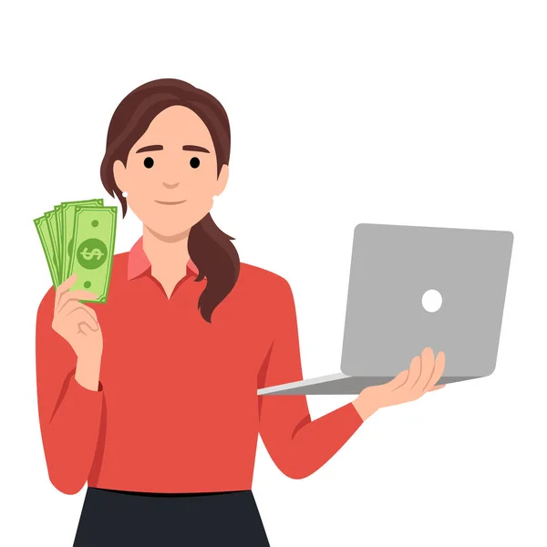 Trendy Νεαρή Γυναίκα Κρατώντας Φορητό Υπολογιστή Και Δείχνει Μετρητά Χρήματα — Διανυσματικό Αρχείο
