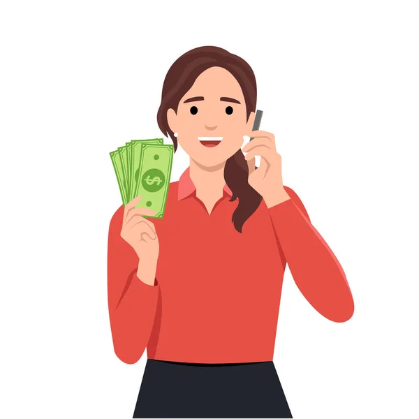Γυναίκα Κρατώντας Smartphone Και Δολάρια Καλεί Κάποιον Στο Τηλέφωνο Χαρούμενο — Διανυσματικό Αρχείο