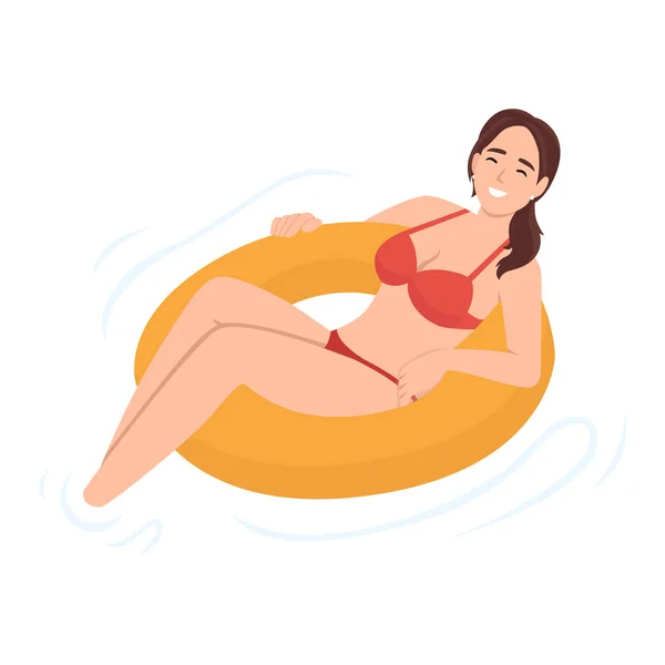 Woman Relaxing Float Swim Ring Flat Style Woman Vacation Swimming — Stock Vector