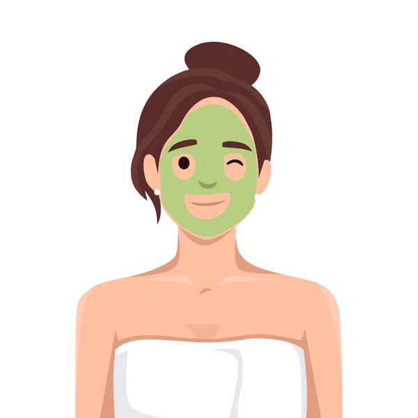 Kozmetik Maskeli Bir Kadın Gülümseyen Kız Göz Kırpan Portre Düz — Stok Vektör