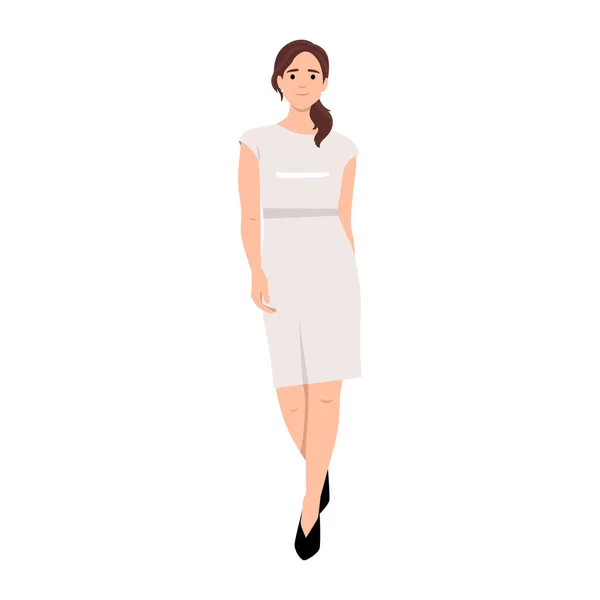Schöne Lächelnde Weibliche Modell Rotem Langen Kleid Vektor Illustration Fashion — Stockvektor