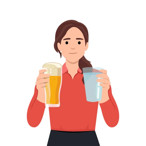 stock vector Woman holding glass of mineral water and glass of beer. Choose which one is better. Healthy or party concept. Flat vector illustration isolated on white background