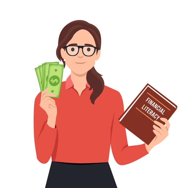 Γυναίκα Που Έχει Βιβλιάριο Οικονομικών Σπουδών Και Χρήματα Μετρητά Εικόνα — Διανυσματικό Αρχείο