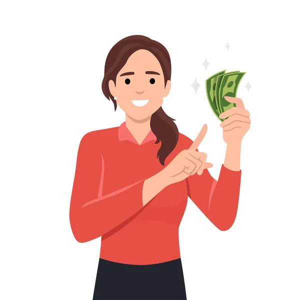 Young Woman Holding Cash Currency Money Hand Pointing Flat Vector — Stock Vector