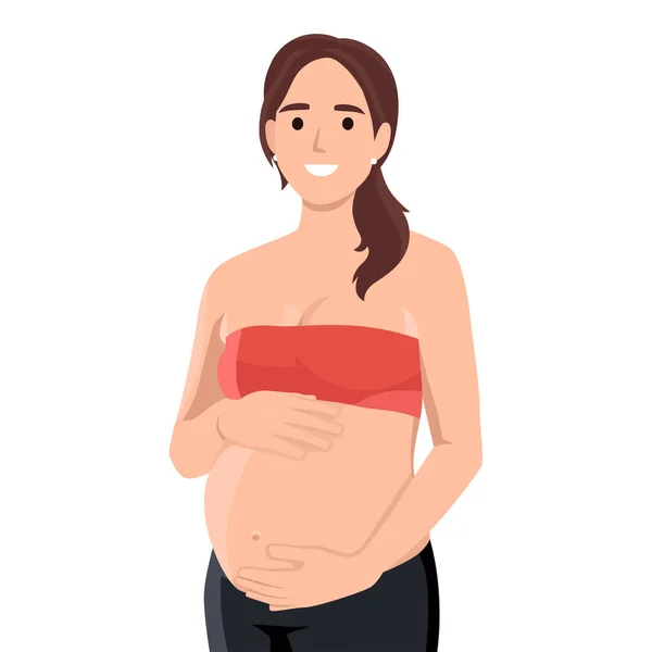 Lachende Schattige Zwangere Vrouw Streelt Haar Buik Vlakke Vector Illustratie — Stockvector