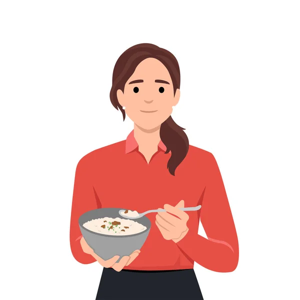 Femme Mangeant Riz Frit Aide Une Cuillère Design Plat Sur — Image vectorielle