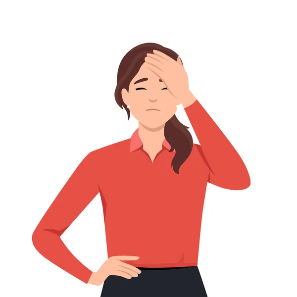 Portrait Brunette Woman Touching Her Head Suffering Painful Headache Flat — Stock Vector