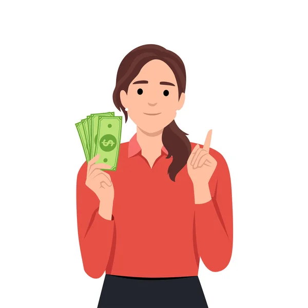 Young Woman Holding Cash Money Hands Cheerful Young Woman Holding — Stock Vector