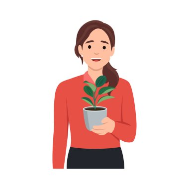 Rahat bir odada elinde bir bitkiyle duran genç bir kadın. Ev bitkileri yetiştirme ve yetiştirme kavramı. Bahçıvan ev bahçesiyle ilgileniyor. Düz vektör çizimi beyaz arkaplanda izole edildi