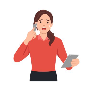 Şok olmuş genç bir kadın telefonda ya da cep telefonuyla konuşuyor. Şaşırmış bir ifadeyle şokta. Kaşlarını çatmış bir kadın tableti arıyor. Düz vektör çizimi beyaz arkaplanda izole edildi