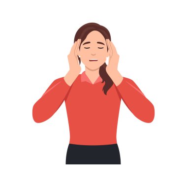 Açık ağızlı, iki eliyle başını tutarak baş ağrısı, panik ve depresyon geçiren bir kadının vektör çizimi. Düz vektör çizimi.