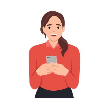 El altında cep telefonu tutan güzel dalgalı saç stili kadın. Düz vektör çizimi beyaz arkaplanda izole edildi